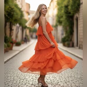 Payal Jain Anthropologie Tiered Tulle Ruffle Maxi Dress Orange Size 4 EUC